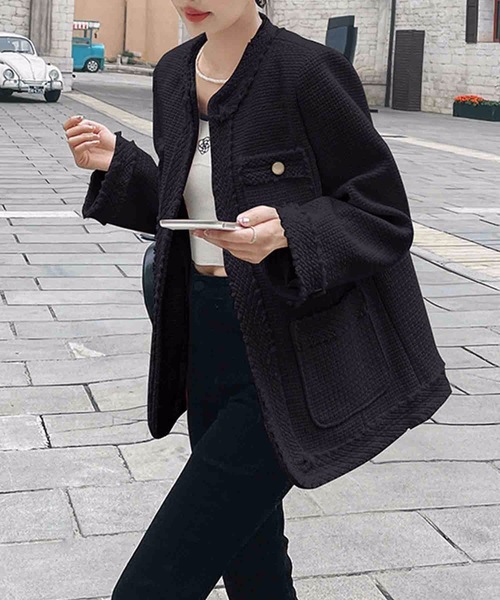 Nyu（ニュウ）の「ノーカラーフリンジツイードジャケット（ノーカラー