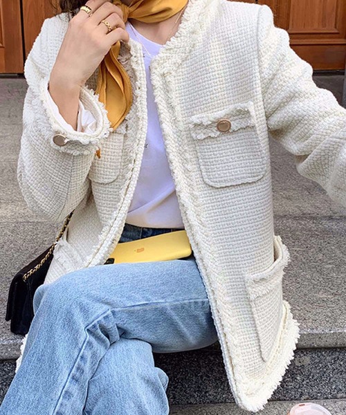 Nyu（ニュウ）の「ノーカラーフリンジツイードジャケット（ノーカラー