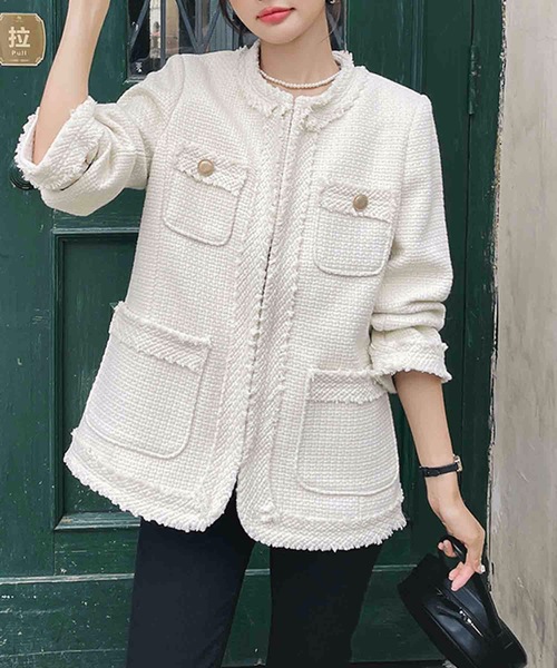 Nyu（ニュウ）の「ノーカラーフリンジツイードジャケット（ノーカラー