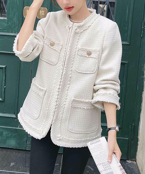 Nyu（ニュウ）の「ノーカラーフリンジツイードジャケット（ノーカラー