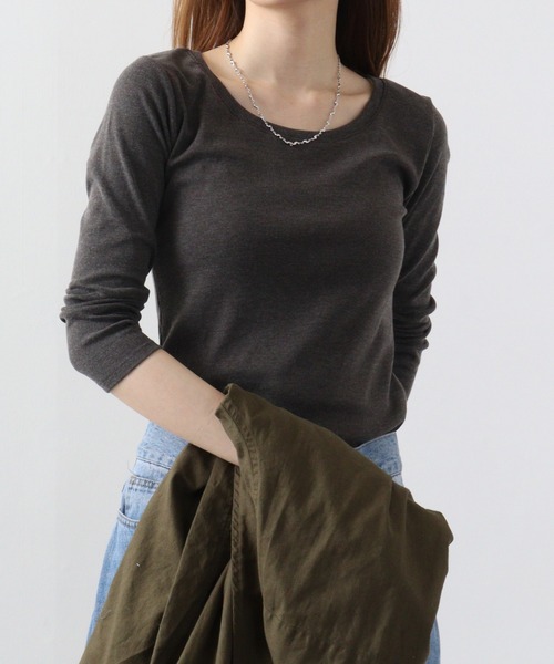 atONE(アットワン)の「atONE Uネック8分袖コットンフライスTシャツ(Tシャツ/カットソー・レディース・杢グレー/チャコールグレー/ブラック/ホワイト/ネイビー・L/LL/3L/4L/M)」の3枚目の写真