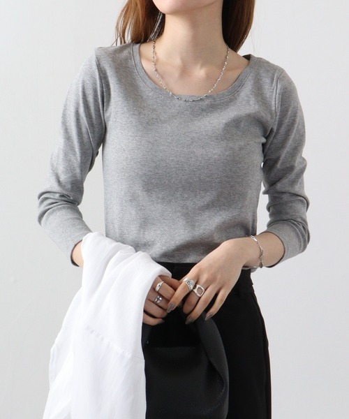 atONE(アットワン)の「atONE Uネック8分袖コットンフライスTシャツ(Tシャツ/カットソー・レディース・杢グレー/チャコールグレー/ブラック/ホワイト/ネイビー・L/LL/3L/4L/M)」の20枚目の写真