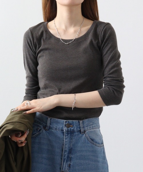 atONE(アットワン)の「atONE Uネック8分袖コットンフライスTシャツ(Tシャツ/カットソー・レディース・杢グレー/チャコールグレー/ブラック/ホワイト/ネイビー・L/LL/3L/4L/M)」の11枚目の写真