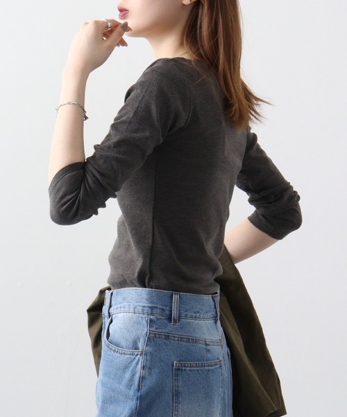atONE(アットワン)の「atONE Uネック8分袖コットンフライスTシャツ(Tシャツ/カットソー・レディース・杢グレー/チャコールグレー/ブラック/ホワイト/ネイビー・L/LL/3L/4L/M)」の12枚目の写真