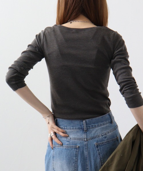 atONE(アットワン)の「atONE Uネック8分袖コットンフライスTシャツ(Tシャツ/カットソー・レディース・杢グレー/チャコールグレー/ブラック/ホワイト/ネイビー・L/LL/3L/4L/M)」の13枚目の写真