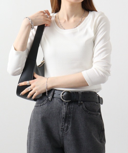 atONE(アットワン)の「atONE Uネック8分袖コットンフライスTシャツ(Tシャツ/カットソー・レディース・杢グレー/チャコールグレー/ブラック/ホワイト/ネイビー・L/LL/3L/4L/M)」の6枚目の写真
