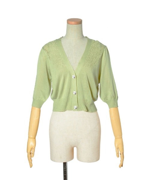 an another angelus（アンアナザーアンジェラス）の「SAVONパッケージ釦透かし編み5分袖ニットカーディガン/ananotherangelus（カーディガン/ボレロ・レディース・ライトグリーン/パープル・FREE）」の13枚目の写真