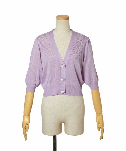 an another angelus（アンアナザーアンジェラス）の「SAVONパッケージ釦透かし編み5分袖ニットカーディガン/ananotherangelus（カーディガン/ボレロ・レディース・ライトグリーン/パープル・FREE）」の18枚目の写真