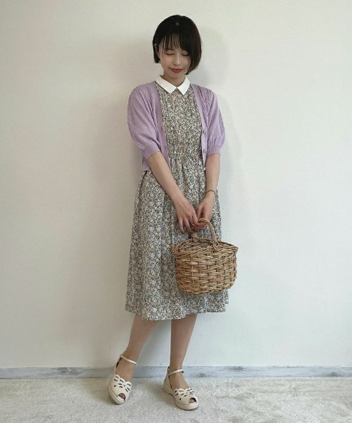 an another angelus（アンアナザーアンジェラス）の「SAVONパッケージ釦透かし編み5分袖ニットカーディガン/ananotherangelus（カーディガン/ボレロ・レディース・ライトグリーン/パープル・FREE）」の14枚目の写真