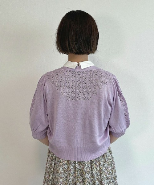 an another angelus（アンアナザーアンジェラス）の「SAVONパッケージ釦透かし編み5分袖ニットカーディガン/ananotherangelus（カーディガン/ボレロ・レディース・ライトグリーン/パープル・FREE）」の15枚目の写真