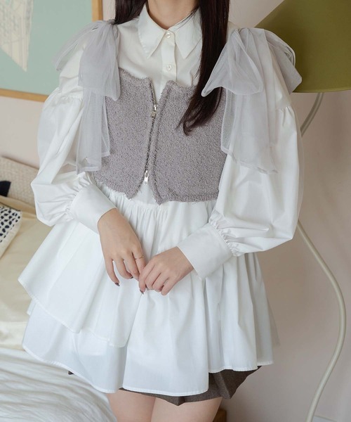 Ambre Neige(アンブルネージュ)の「2way double zip glitter tulle bustier / 2wayWジップラメチュールビスチェ(キャミソール・レディース・チャコールグレー/ライトグレー/アイボリー・FREE)」の9枚目の写真