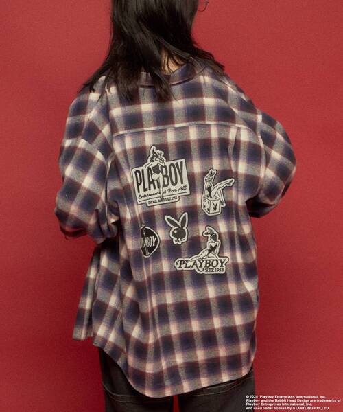 PLAYBOY（プレイボーイ）の「【SEQUENZ（シークエンズ）】PB BUNNY PATCHES OMBRE L/S SHIRT / プレイボーイ 長袖シャツ ビックシルエット チェック（シャツ/ブラウス・メンズ・ブラック/ネイビー・MEDIUM/LARGE/X-LARGE）」の4枚目の写真