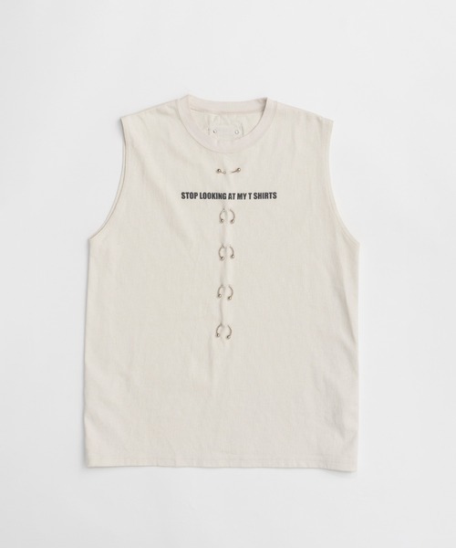 PRANK PROJECT（プランクプロジェクト）の「スタッズピアスロゴトップ / Studs Pierced Logo Top（Tシャツ/カットソー・レディース・アイボリー/チャコールグレー・FREE）」の9枚目の写真