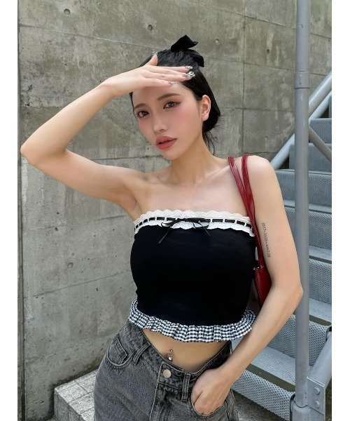 セール】チェックドッキングリボンベアトップ（その他トップス