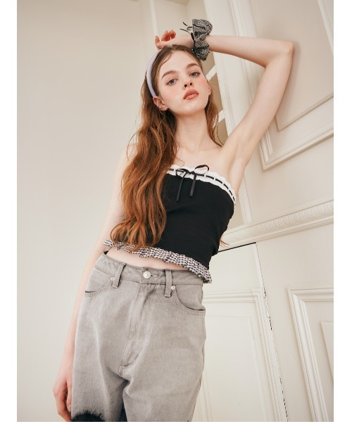 Darich(ダーリッチ)の「チェックドッキングリボンベアトップ(その他トップス・レディース・ネイビー/ホワイト/ブラック・FREE)」の7枚目の写真