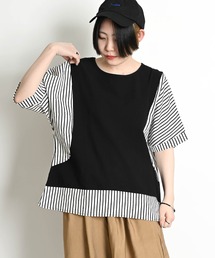 無地 ストライプ柄 切り替え ドルマンスリーブ 半袖Tシャツ カットソー