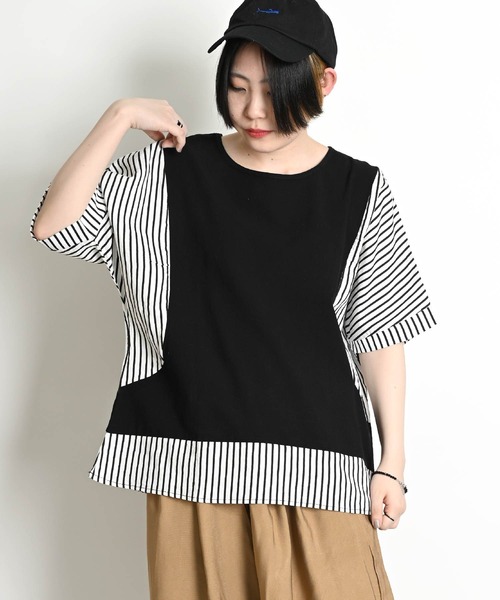 MARAI(マーライ)の「無地 ストライプ柄 切り替え ドルマンスリーブ 半袖Tシャツ カットソー(Tシャツ/カットソー・レディース・ブラウン/レンガ/ブラック・FREE)」の2枚目の写真