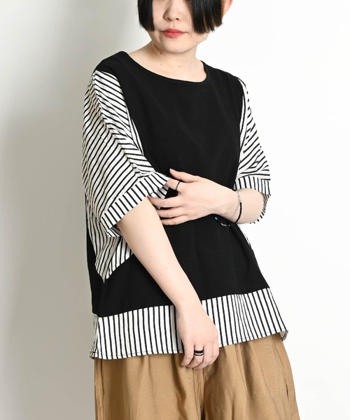 MARAI(マーライ)の「無地 ストライプ柄 切り替え ドルマンスリーブ 半袖Tシャツ カットソー(Tシャツ/カットソー・レディース・ブラウン/レンガ/ブラック・FREE)」の4枚目の写真