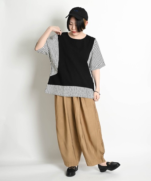 MARAI(マーライ)の「無地 ストライプ柄 切り替え ドルマンスリーブ 半袖Tシャツ カットソー(Tシャツ/カットソー・レディース・ブラウン/レンガ/ブラック・FREE)」の5枚目の写真