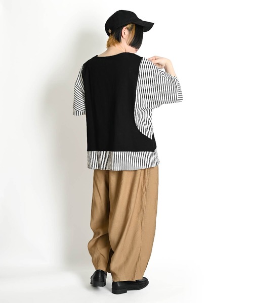 MARAI(マーライ)の「無地 ストライプ柄 切り替え ドルマンスリーブ 半袖Tシャツ カットソー(Tシャツ/カットソー・レディース・ブラウン/レンガ/ブラック・FREE)」の6枚目の写真