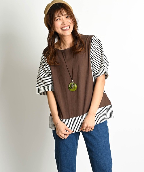MARAI(マーライ)の「無地 ストライプ柄 切り替え ドルマンスリーブ 半袖Tシャツ カットソー(Tシャツ/カットソー・レディース・ブラウン/レンガ/ブラック・FREE)」の8枚目の写真