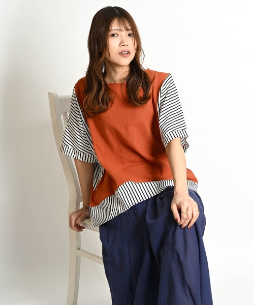 MARAI(マーライ)の「無地 ストライプ柄 切り替え ドルマンスリーブ 半袖Tシャツ カットソー(Tシャツ/カットソー・レディース・ブラウン/レンガ/ブラック・FREE)」の13枚目の写真