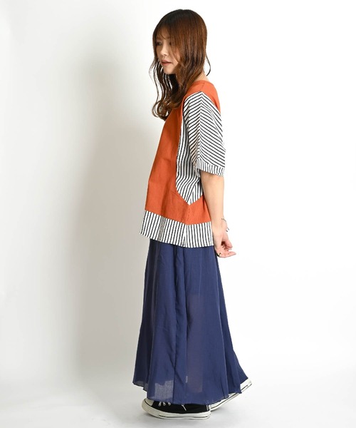 MARAI(マーライ)の「無地 ストライプ柄 切り替え ドルマンスリーブ 半袖Tシャツ カットソー(Tシャツ/カットソー・レディース・ブラウン/レンガ/ブラック・FREE)」の16枚目の写真