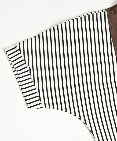 MARAI(マーライ)の「無地 ストライプ柄 切り替え ドルマンスリーブ 半袖Tシャツ カットソー(Tシャツ/カットソー・レディース・ブラウン/レンガ/ブラック・FREE)」の19枚目の写真