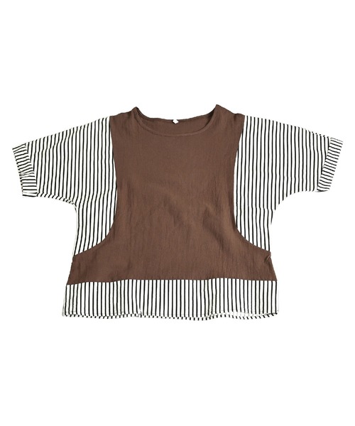 MARAI(マーライ)の「無地 ストライプ柄 切り替え ドルマンスリーブ 半袖Tシャツ カットソー(Tシャツ/カットソー・レディース・ブラウン/レンガ/ブラック・FREE)」の11枚目の写真