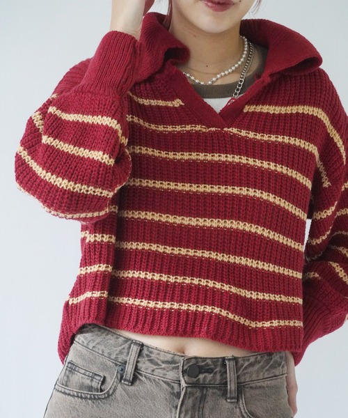Port(ポート)の「【 antique andico / アンティーク アンディコ 】 ボーダー リブ スキッパー ニット #_(ニット/セーター・レディース・バーガンディー/グレー・FREE)」の2枚目の写真