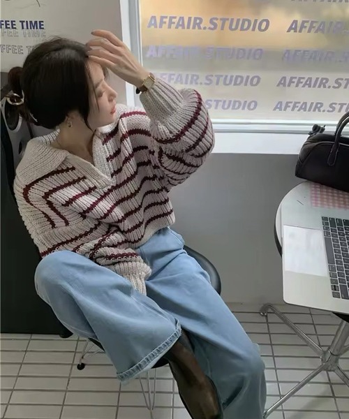 Port(ポート)の「【 antique andico / アンティーク アンディコ 】 ボーダー リブ スキッパー ニット #_(ニット/セーター・レディース・バーガンディー/グレー・FREE)」の1枚目の写真