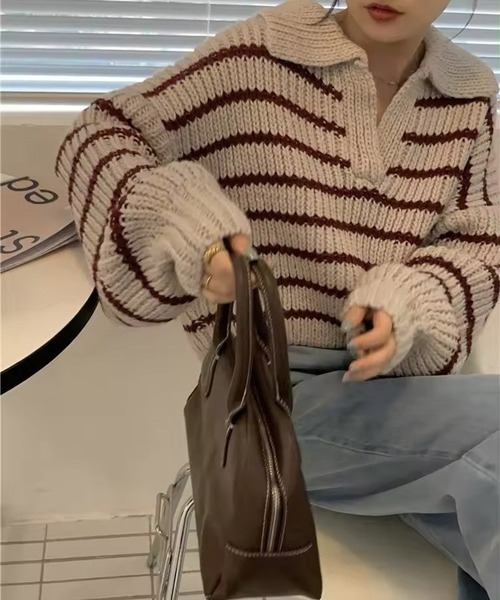 Port(ポート)の「【 antique andico / アンティーク アンディコ 】 ボーダー リブ スキッパー ニット #_(ニット/セーター・レディース・バーガンディー/グレー・FREE)」の6枚目の写真