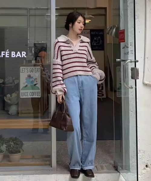Port(ポート)の「【 antique andico / アンティーク アンディコ 】 ボーダー リブ スキッパー ニット #_(ニット/セーター・レディース・バーガンディー/グレー・FREE)」の4枚目の写真