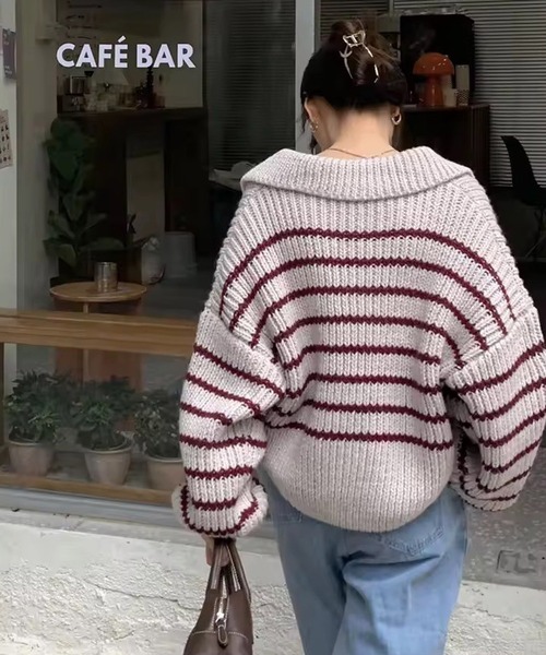 Port(ポート)の「【 antique andico / アンティーク アンディコ 】 ボーダー リブ スキッパー ニット #_(ニット/セーター・レディース・バーガンディー/グレー・FREE)」の7枚目の写真