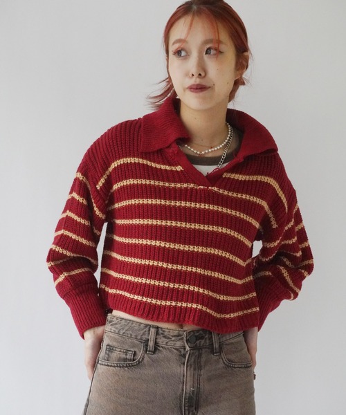Port(ポート)の「【 antique andico / アンティーク アンディコ 】 ボーダー リブ スキッパー ニット #_(ニット/セーター・レディース・バーガンディー/グレー・FREE)」の15枚目の写真