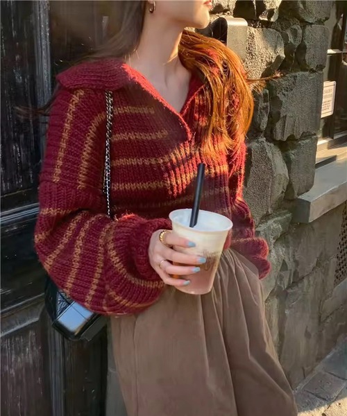 Port(ポート)の「【 antique andico / アンティーク アンディコ 】 ボーダー リブ スキッパー ニット #_(ニット/セーター・レディース・バーガンディー/グレー・FREE)」の19枚目の写真