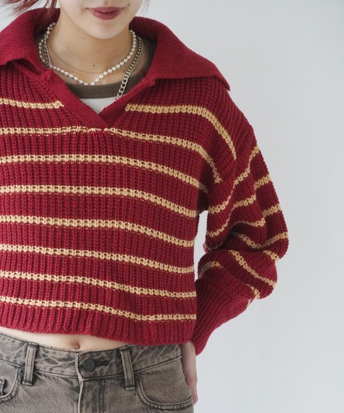 Port(ポート)の「【 antique andico / アンティーク アンディコ 】 ボーダー リブ スキッパー ニット #_(ニット/セーター・レディース・バーガンディー/グレー・FREE)」の16枚目の写真
