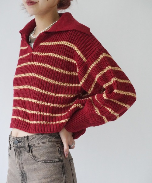 Port(ポート)の「【 antique andico / アンティーク アンディコ 】 ボーダー リブ スキッパー ニット #_(ニット/セーター・レディース・バーガンディー/グレー・FREE)」の17枚目の写真