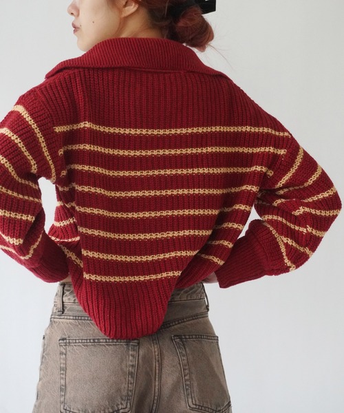 Port(ポート)の「【 antique andico / アンティーク アンディコ 】 ボーダー リブ スキッパー ニット #_(ニット/セーター・レディース・バーガンディー/グレー・FREE)」の18枚目の写真