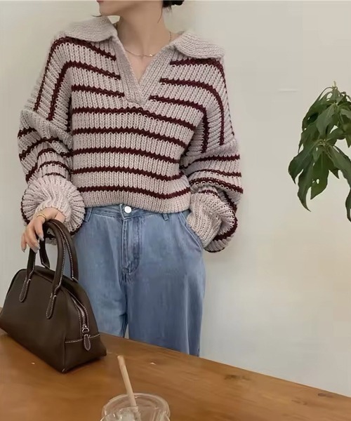 Port(ポート)の「【 antique andico / アンティーク アンディコ 】 ボーダー リブ スキッパー ニット #_(ニット/セーター・レディース・バーガンディー/グレー・FREE)」の14枚目の写真