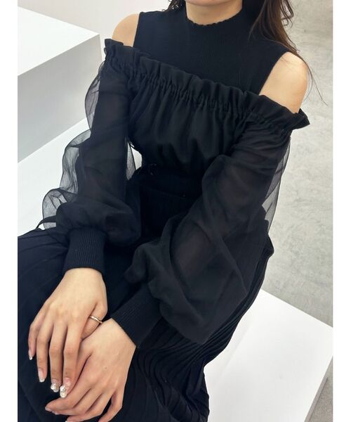 セール】異素材チュールドッキングオフショルニットワンピース  