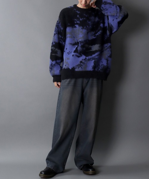 セール】Feather Yarn Abstract Pattern Knit Pullover/オーバーサイズ