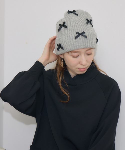 Paradise Picnic(パラダイスピクニック)の「リボン付きニットキャップ(ニットキャップ/ビーニー・レディース・ベージュ/キャメル/チャコールグレー/グレー/ブラック・FREE)」の15枚目の写真