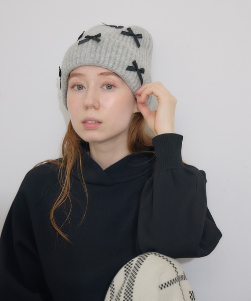Paradise Picnic(パラダイスピクニック)の「リボン付きニットキャップ(ニットキャップ/ビーニー・レディース・ベージュ/キャメル/チャコールグレー/グレー/ブラック・FREE)」の18枚目の写真