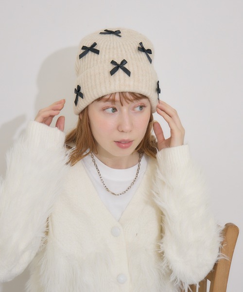 Paradise Picnic(パラダイスピクニック)の「リボン付きニットキャップ(ニットキャップ/ビーニー・レディース・ベージュ/キャメル/チャコールグレー/グレー/ブラック・FREE)」の12枚目の写真