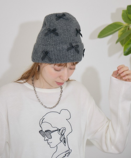 Paradise Picnic(パラダイスピクニック)の「リボン付きニットキャップ(ニットキャップ/ビーニー・レディース・ベージュ/キャメル/チャコールグレー/グレー/ブラック・FREE)」の6枚目の写真