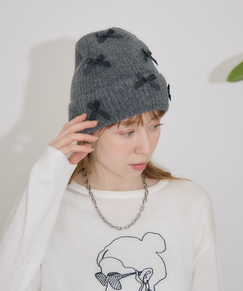 Paradise Picnic(パラダイスピクニック)の「リボン付きニットキャップ(ニットキャップ/ビーニー・レディース・ベージュ/キャメル/チャコールグレー/グレー/ブラック・FREE)」の9枚目の写真