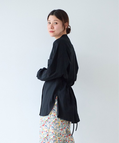 ブラウス シャツ 強撚ボイル　タイ付きロングブラウス レディース FIL DE FER ブラウス シャツ 強撚ボイル タイ付きロングブラウス