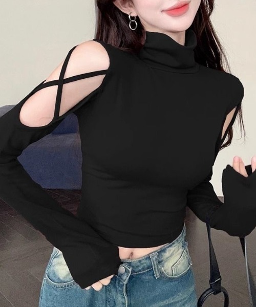 Achic(アシック)の「ショルダーディロンハイネックTシャツ(Tシャツ/カットソー・レディース・ブラウン/ブラック・M)」の4枚目の写真