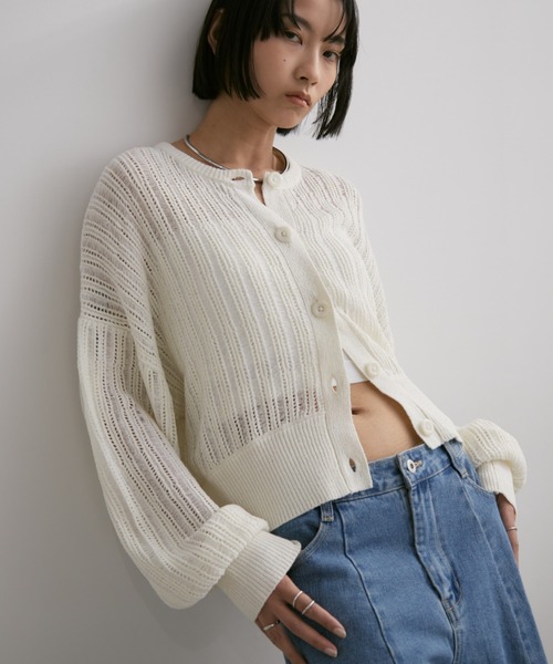 Aunt Marie's（アントマリーズ）の「クルーネックメッシュカーディガン（カーディガン/ボレロ・レディース・アイボリー/ブラック/ピンク・FREE）」の2枚目の写真